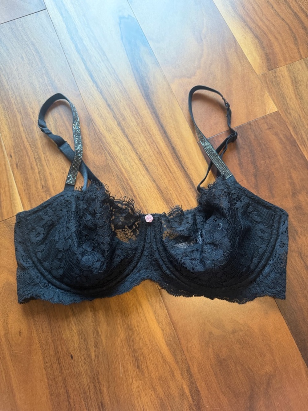 Black Lace Underwire Bra with Rhinestone Straps